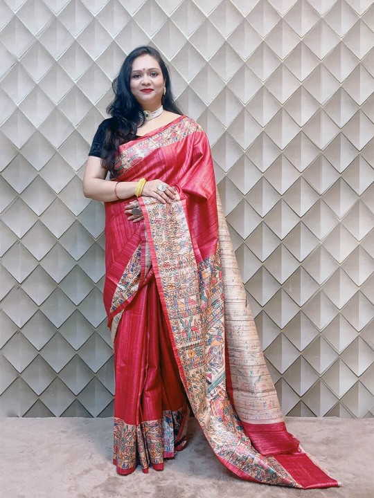 RED TASSAR HANDPAINTED MADHUBANI SILK SAREE
